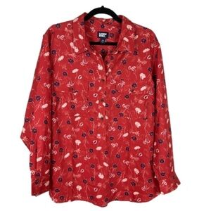 Lands' End Floral Rayon Blend Long Sleeve Button Down Shirt 2X Red